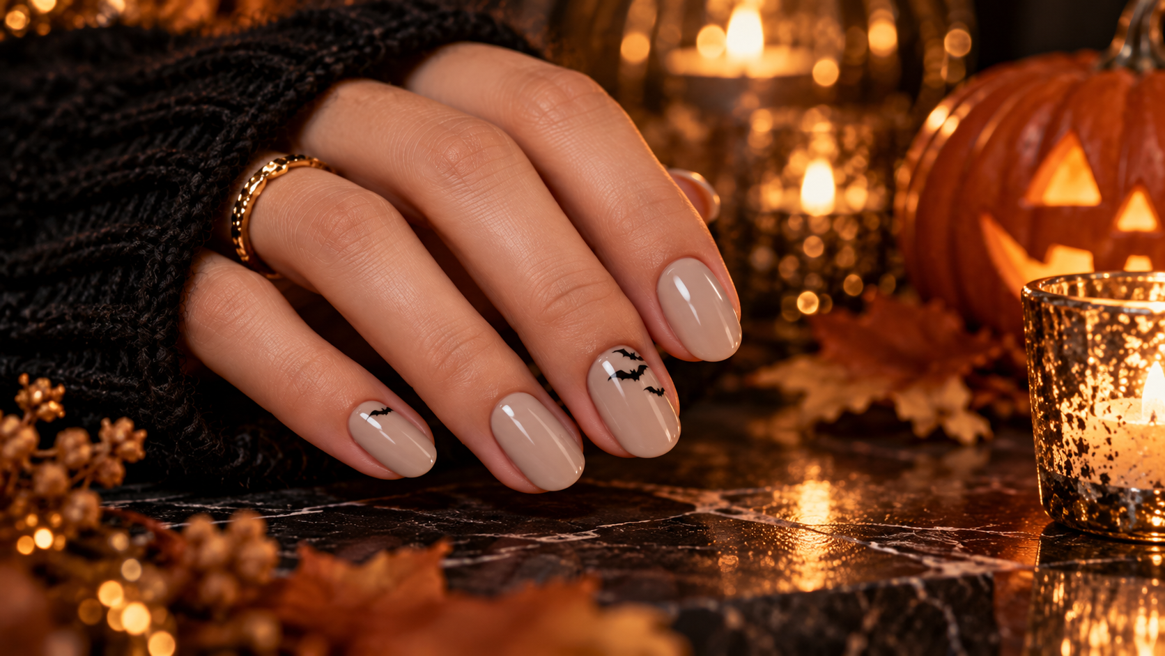 Jet Black Nails with Subtle Gold Leaf Accents